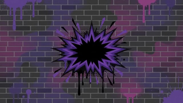 Dark brick wall background with purple and pink paint splashes and graffiti stains