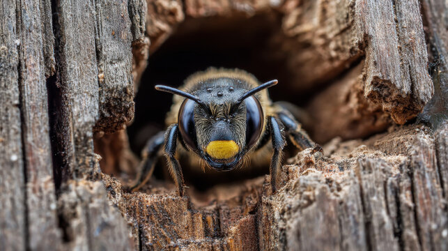 close-up of a carpenter bee entering its nest