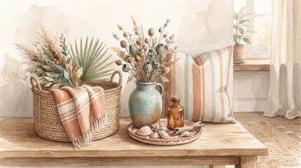 Fototapeta premium End of summer home decor clearance with rattan basket, ceramic vase, cushion, seashells and botanical accents