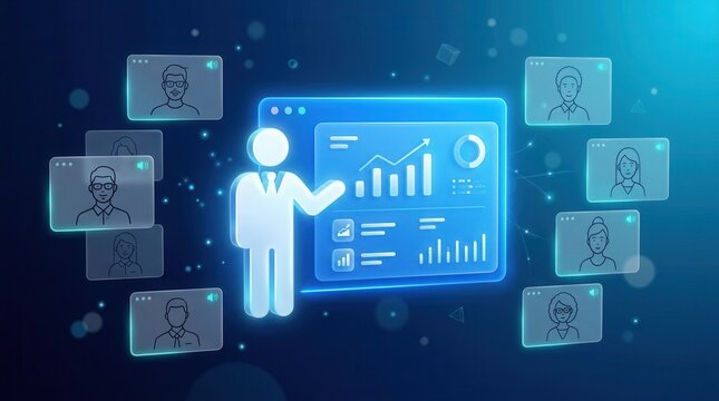 Digital learning and remote training illustration with online meeting video call windows.