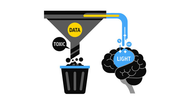 Data Filtering Concept: Separating Toxic Information from Valuable Knowledge into Human Brain Illustration