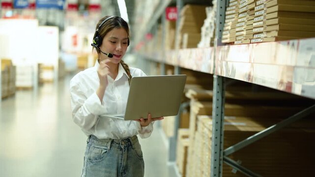 Young Asian female warehouse worker with headset holding laptop computer checking inventory stock level in distribution center store aisle. Friendly logistic customer service representative worker.
