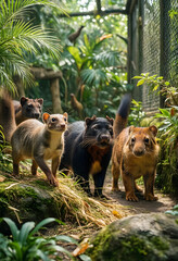 Naklejka premium Wildlife conservation and biodiversity, group of small mammals in a lush tropical forest habitat, nature and animal protection