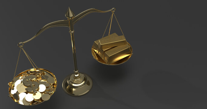 Gold balance scale weighing gold bars against gold euro symbols and coins