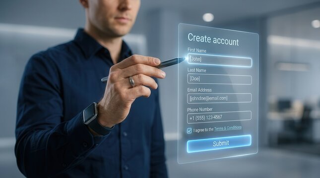 A person using a digital pen to interact with a virtual create account form for online user registration.