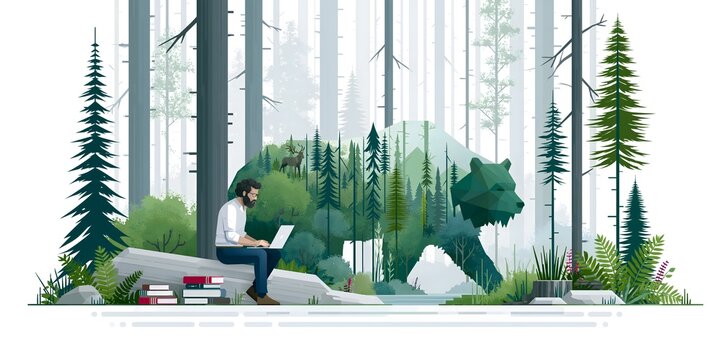 Man working remotely on laptop beside forest silhouette shaped like a bear