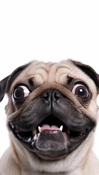 close-up video of a funny fawn Pug dog displaying a comedic shocked expression isolated white background. The pug looks directly up at the camera with wide, glossy round eyes