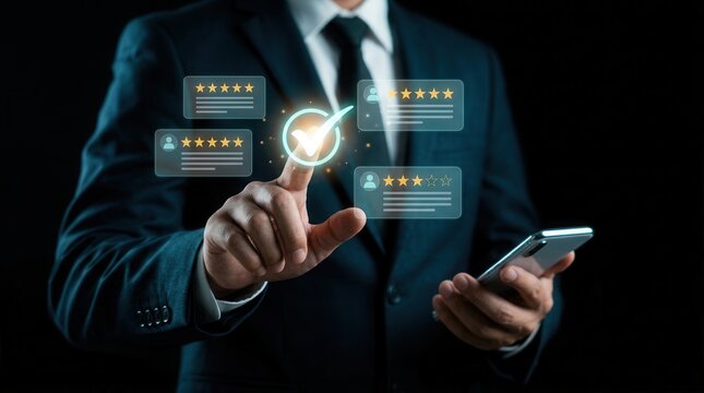 A professional touching a virtual check mark and five star rating symbols to ensure customer satisfaction.