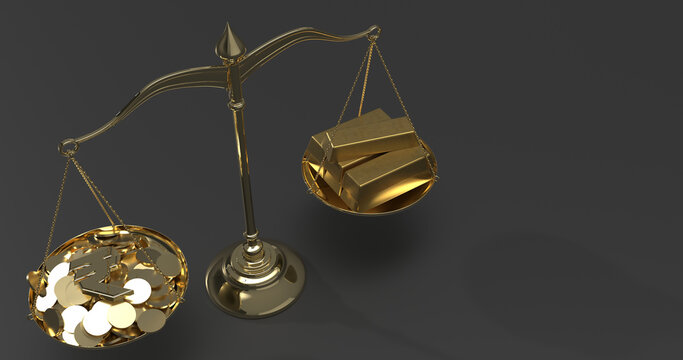 Gold balance scale weighing gold bars against gold Indian rupee symbols and coins