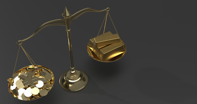 Gold balance scale weighing gold bars against gold yuan and yen symbols with coins