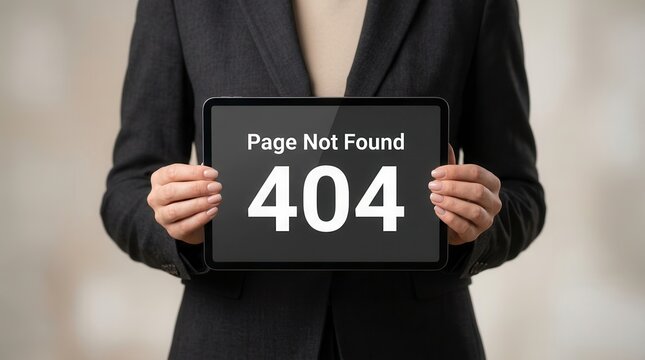 Website 404 Page Not Found error message on a digital tablet held in hands.