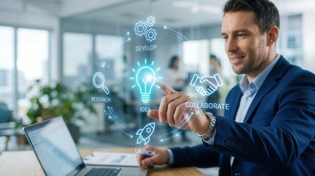 Business person using a solution-focused methodology and problem-solving icons for strategic development.