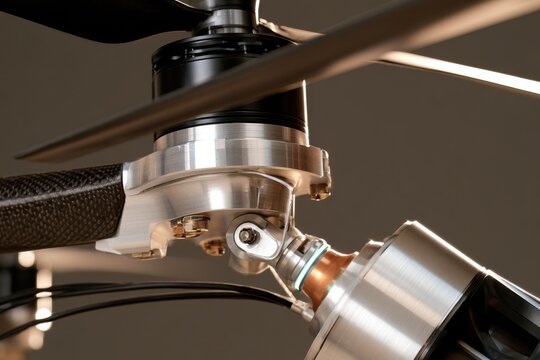 Extreme close up macro product photograph of advanced drone motor and propeller assembly