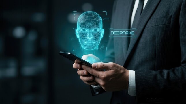 A person analyzing deepfake face detection and AI cybersecurity risks using a smartphone
