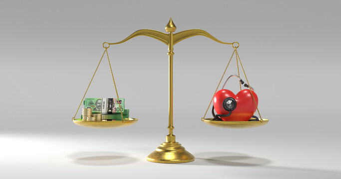 Gold balance scale weighing Australian dollar money against a heart with a stethoscope
