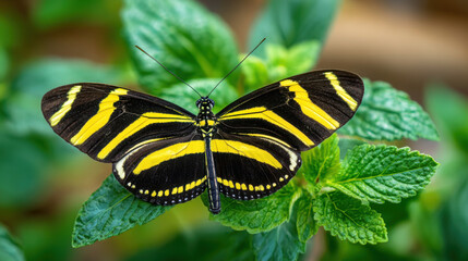 Naklejka premium vibrant yellow and black zebra longwing butterfly on a leafy background