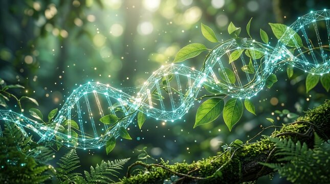 Genetic research concept showing a DNA structure intertwined with green botanical leaves.