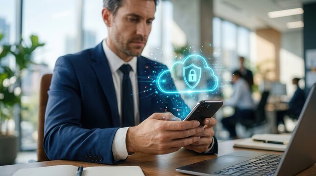 Cloud computing and data protection concept showing a businessman with mobile accessibility and digital privacy.
