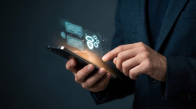 Concept of a mobile AI chatbot assistant featuring floating chat bubbles and robot icon.