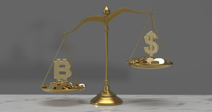Bitcoin symbol outweighing the dollar symbol on a gold balance scale representing cryptocurrency dominance