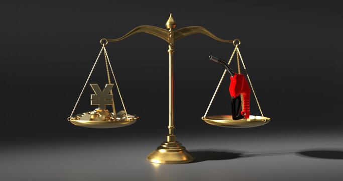 Gold balance scale weighing gold yuan or yen symbols against a fuel pump nozzle