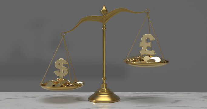 Gold dollar symbol outweighing the british pound sterling symbol on a balance scale