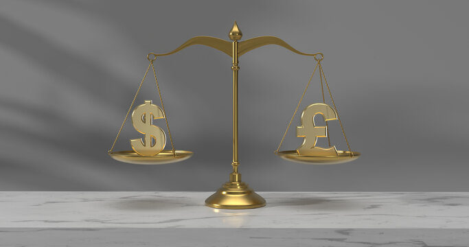 Gold dollar symbol and british pound symbol in perfect balance on a gold scale