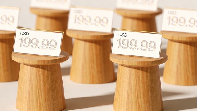 Wooden price displays arranged across retail environment featuring USD 199 99 pricing labels Warm sunlight creates strong shadows highlights natural wood grain commercial pricing concept represents 