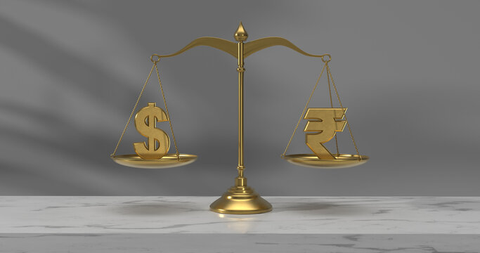 Gold dollar symbol and indian rupee symbol in perfect balance on a gold scale
