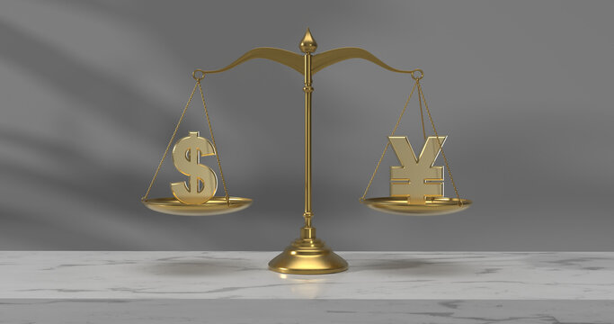 Gold dollar symbol and chinese yuan symbol in perfect balance on a gold scale