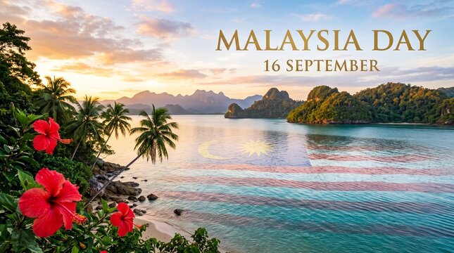 Malaysia day celebration with national flag colors fireworks over tropical