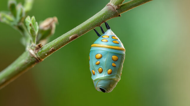 close-up of a transparent butterfly chrysalis in nature