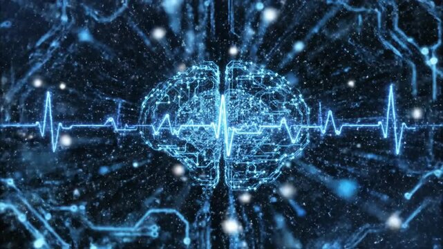 Digital Brain with Heartbeat Pulse and Circuits Futuristic Technology Concept