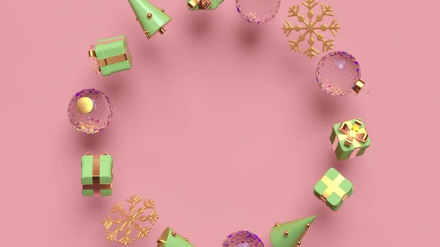 Rotating decorations for Christmas, New Year. Round frame with copy space, red color. Seamless looped 4k animation.