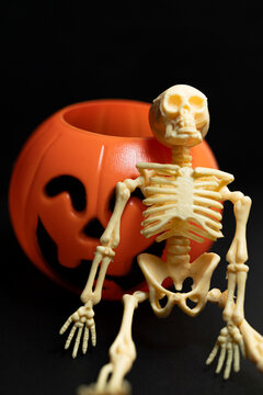 Creepy miniature skeleton resting on a bright orange pumpkin container for trick or treat candy