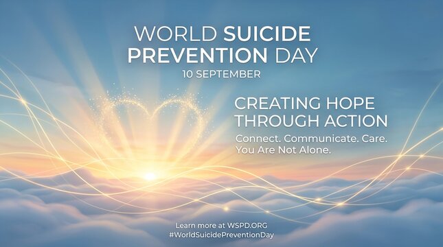 World suicide prevention day campaign banner with bright sunrise over ocean