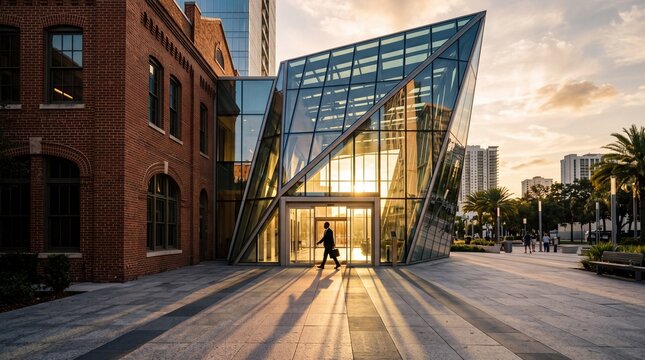 Businessman Walking Outside Modern Glass Office Building at Sunset
