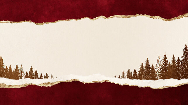 Christmas Background with Torn Paper and Gold Pine Forest