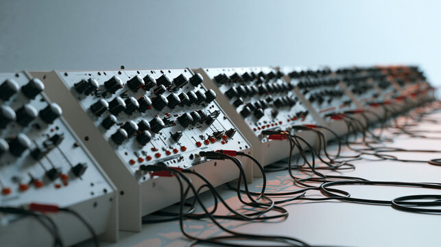 Row of Modular Synthesizers with Patch Cables in Studio