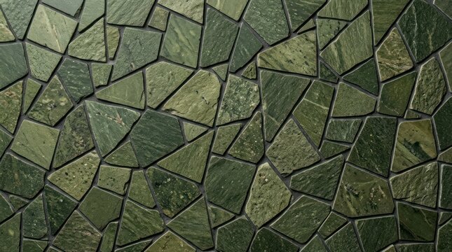 Green moss stone wall texture with irregular tiled pattern and natural cracks