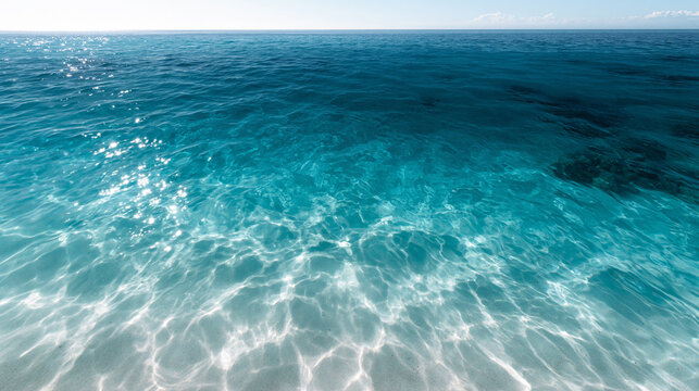 Crystal Clear Turquoise Ocean Water with Sandy Bottom and Horizon