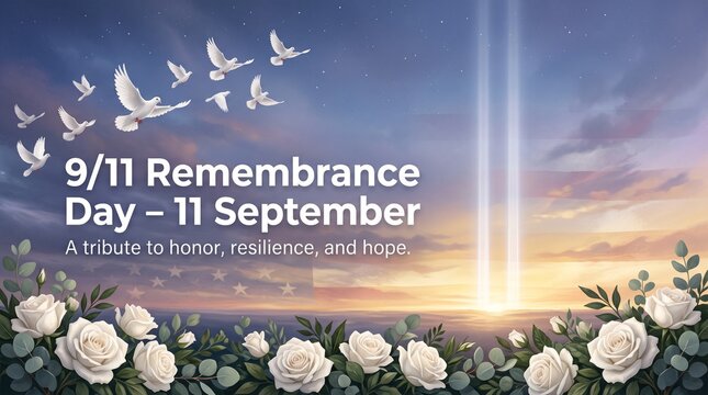 Aerial view of 9/11 remembrance day ceremony with white roses and american