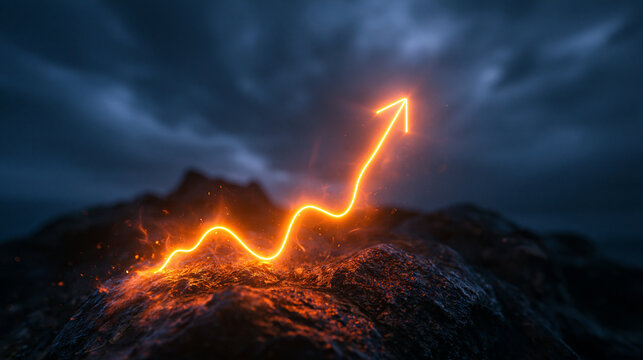 Glowing Upward Arrow Rising Above Rugged Mountain Landscape
