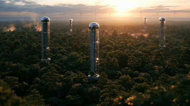 Futuristic Eco Towers in Green Forest at Sunrise