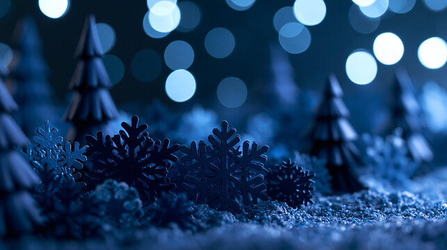 Christmas Background with Blue Snowflakes and Bokeh Lights