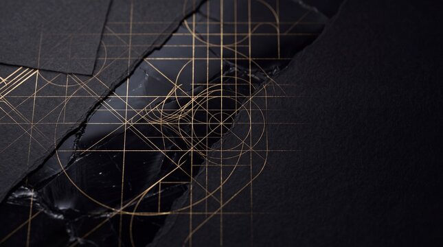 Golden Ratio Sacred Geometry Blueprint on Black Paper Texture