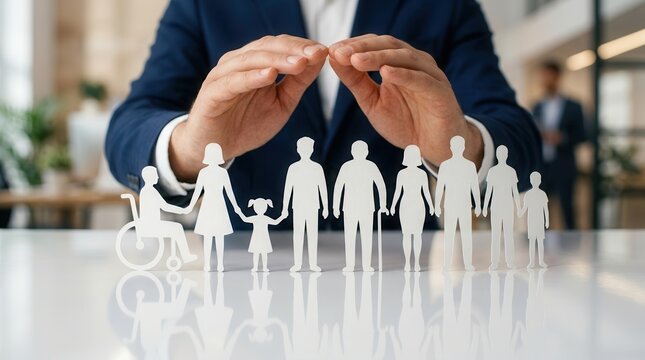 Human rights and inclusion represented by hands protecting paper figures of a diverse family.