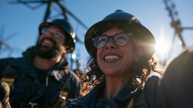Cheerful Electrical Engineers in Hardhats Working Outdoors