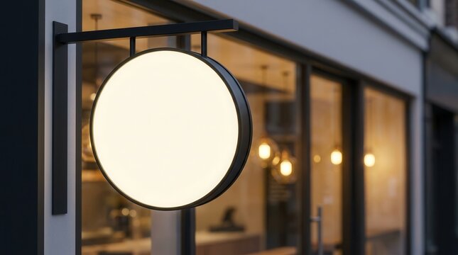 A glowing circular sign hangs from a black metal bracket outside a shop on an urban street.