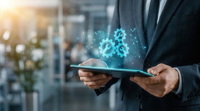 Technical assistance and IT services represented by glowing gears and network icons on a tablet.